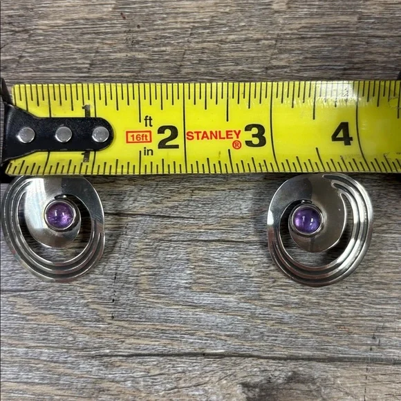 StamasAbstract Geometric Sterling Silver Cabochon Amethyst Earrings/Brooch Set